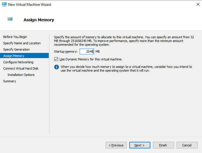 Select 2GB as the startup memory and click Next.