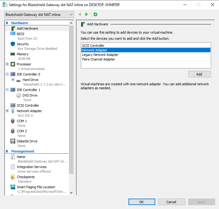 In the Settings pane, go to Add Hardware, and select Network Adapter, then click on Add.