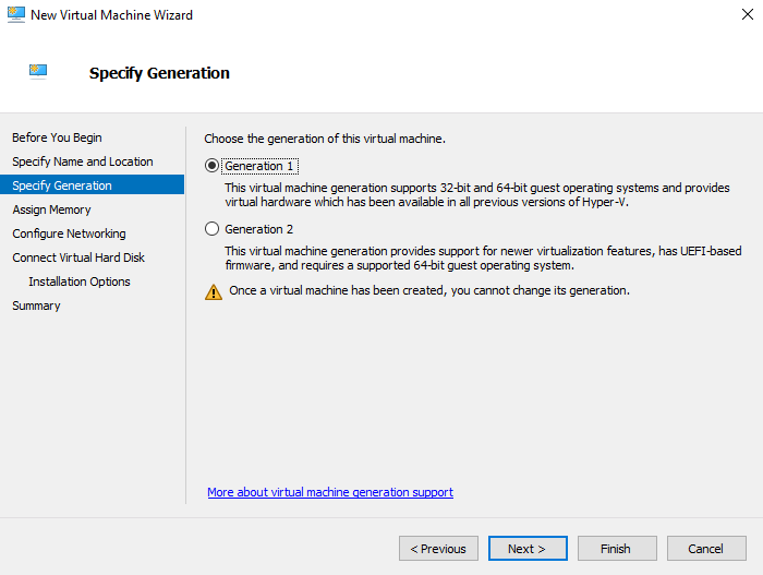 Select Generation 1 as the generation for the virtual machine and click Next.