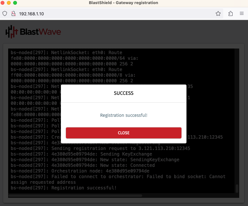 When the Gateway provisioning has completed, the Registration successful message will be displayed.