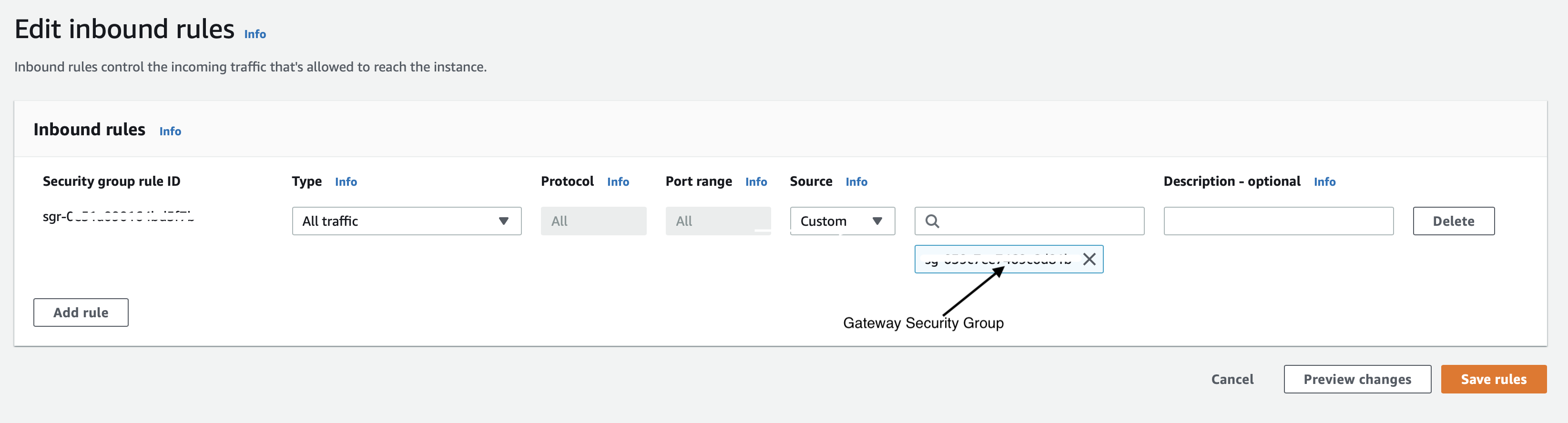 Add a new rule to allow all traffic from the BlastShield Gateway Security Group and click on 'Save rules'.