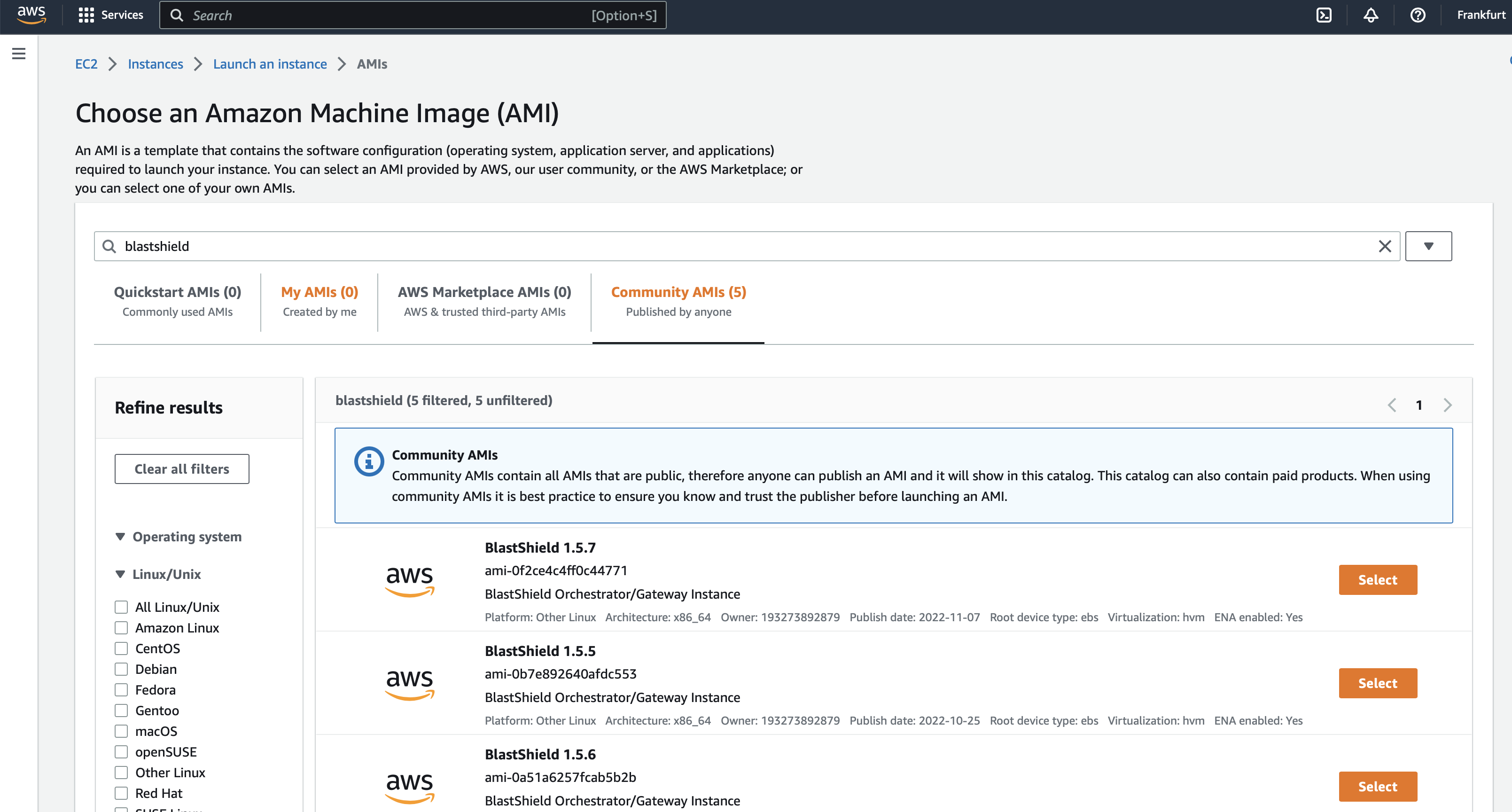 Search for the name 'blastshield' in the search function and choose the latest available BlastShield Orchestrator.