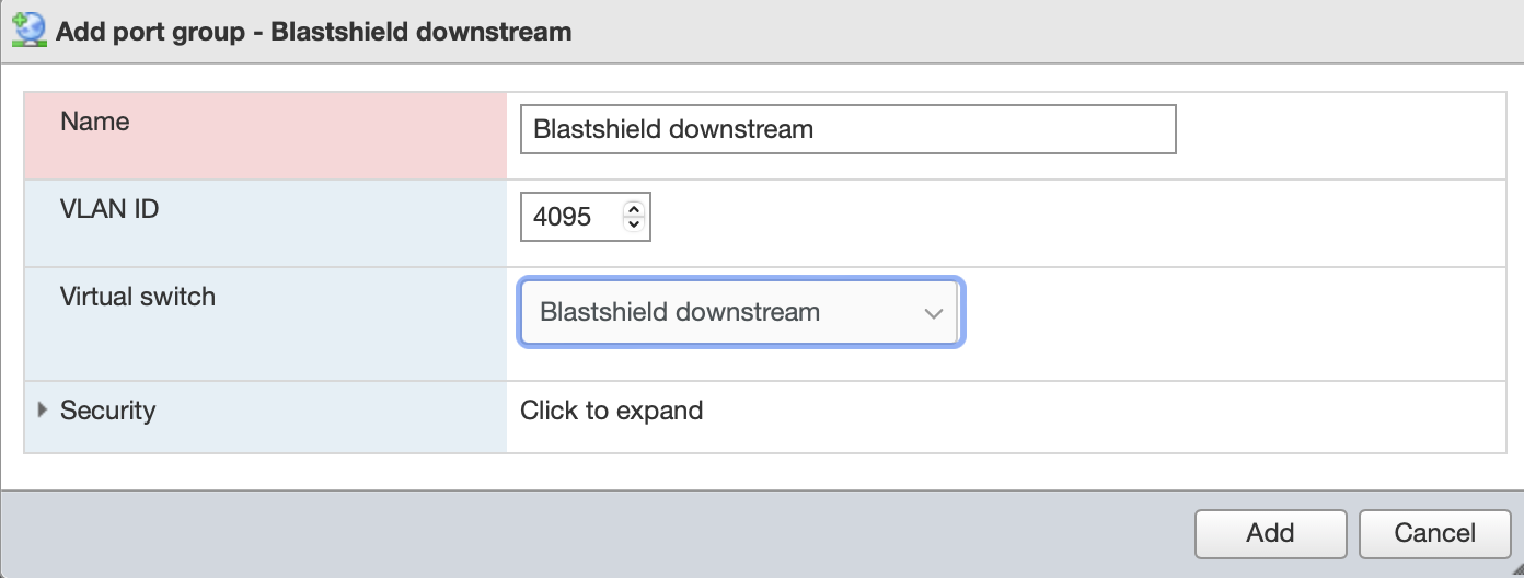 Create the BlastShield downstream port group.