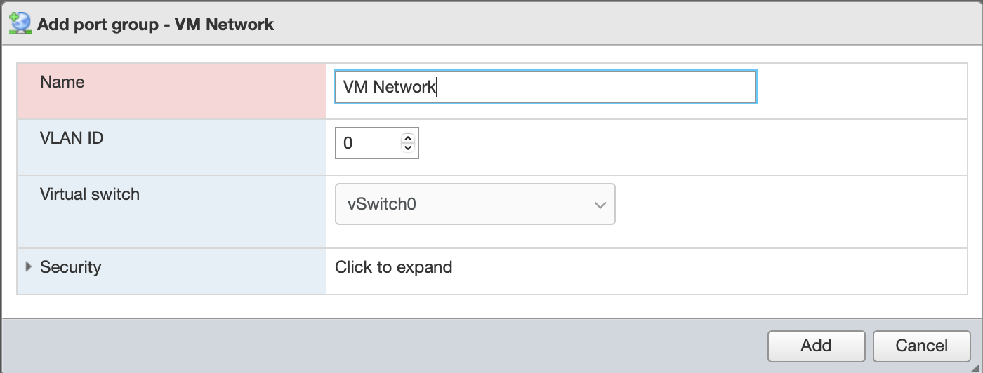 Create the VM Network port group.