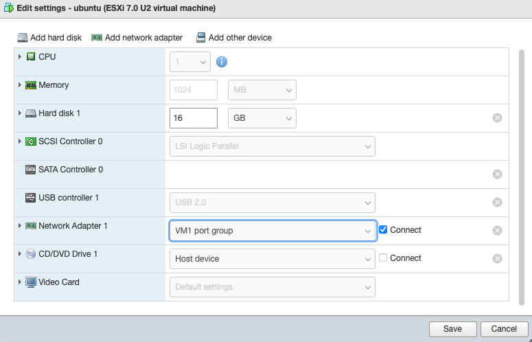 Set the Network Adapter to one of the port groups you created on the Downstream vSwitch when you configured the network settings.