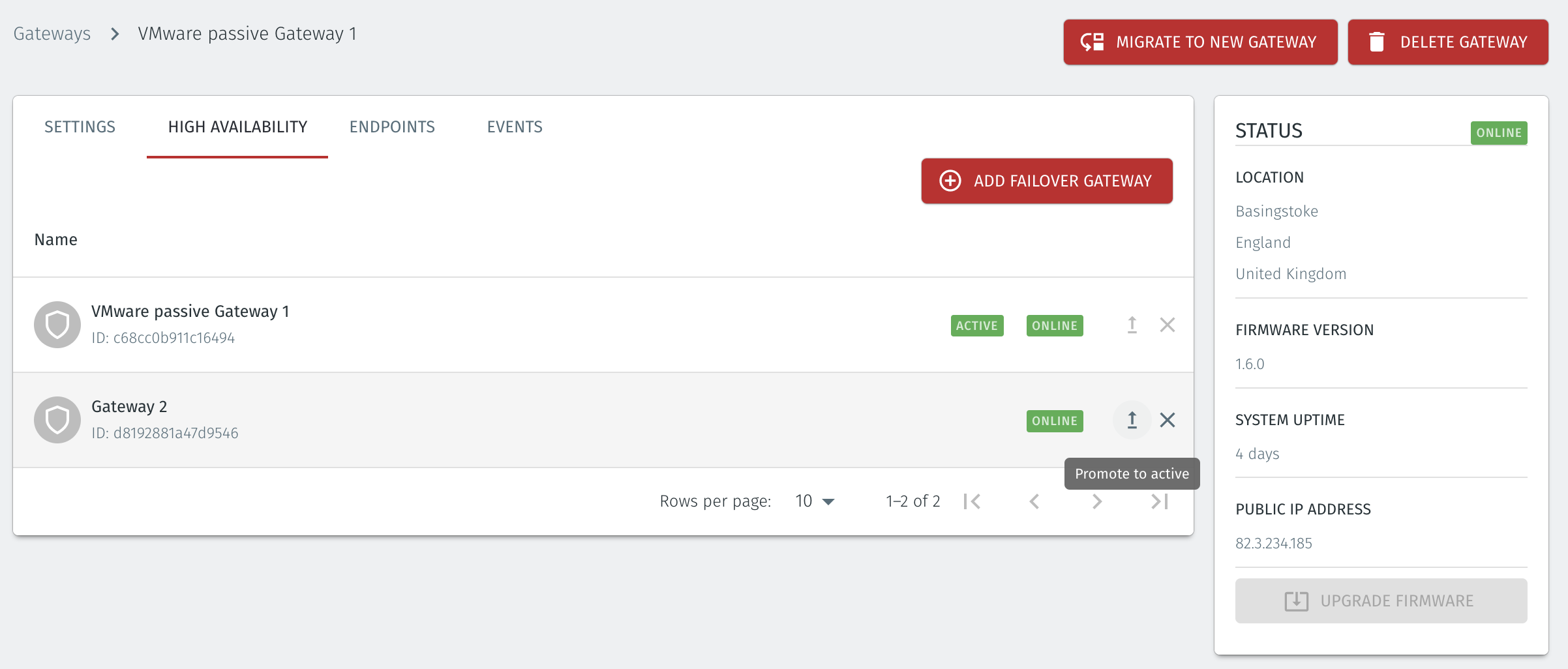 Go to the High Availability menu, and chose the Promote to active option for the new intended active Gateway.