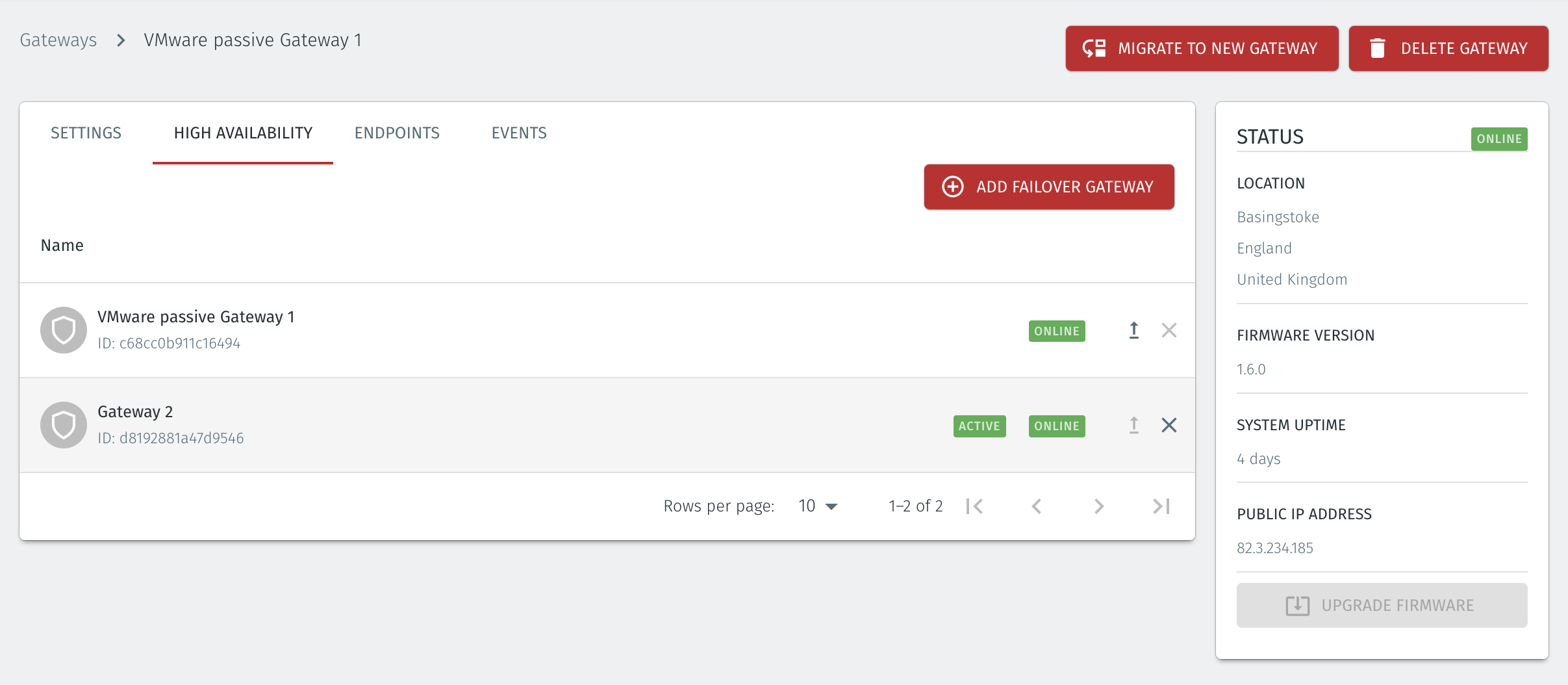 The chosen Gateway is promoted to active status and the display will update.