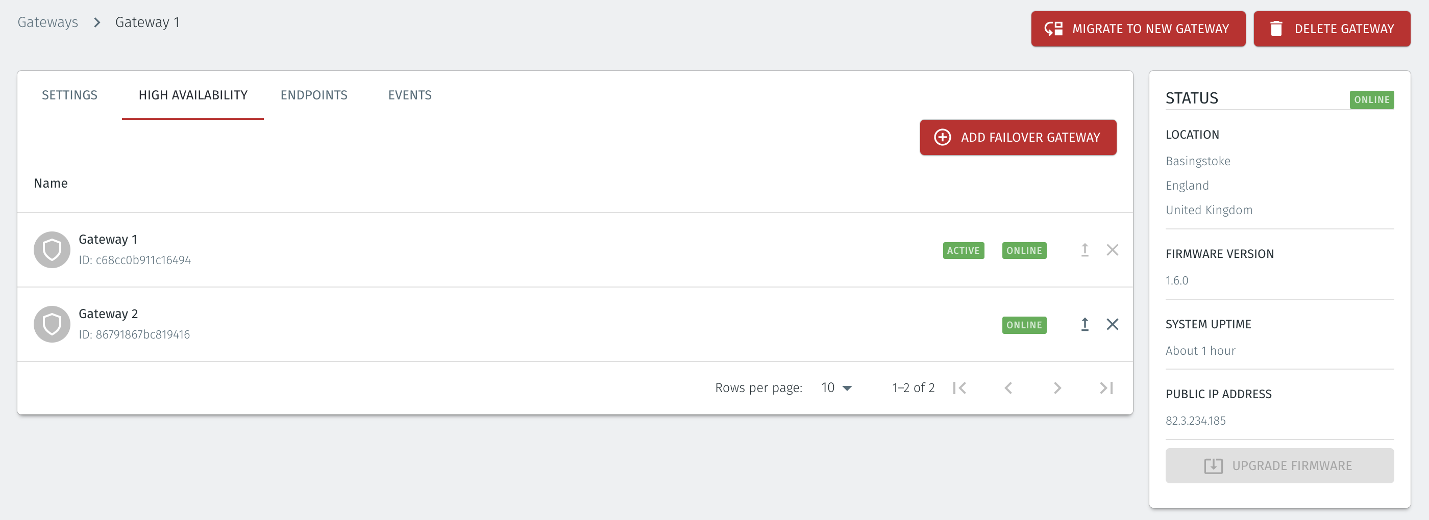 The High Availability view in Gateway 1 is now updated to show the HA pair.