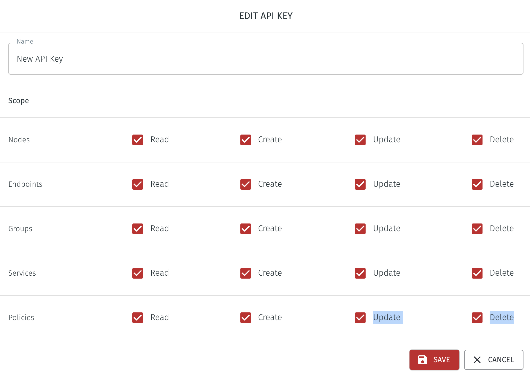 Check the boxes according to the permissions you want to set to the API key and click Save to create the API Key.