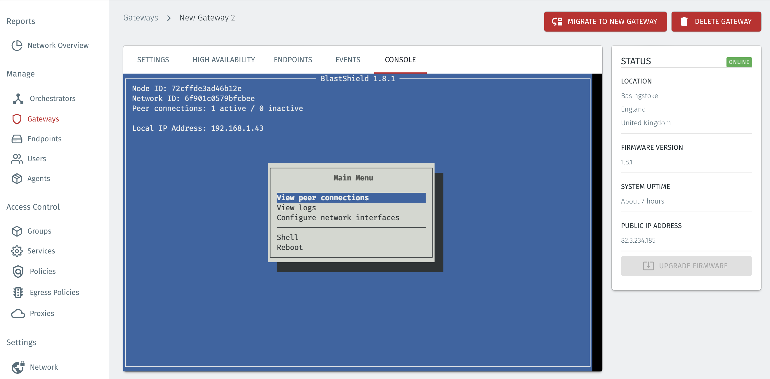 Gateway remote CLI console access