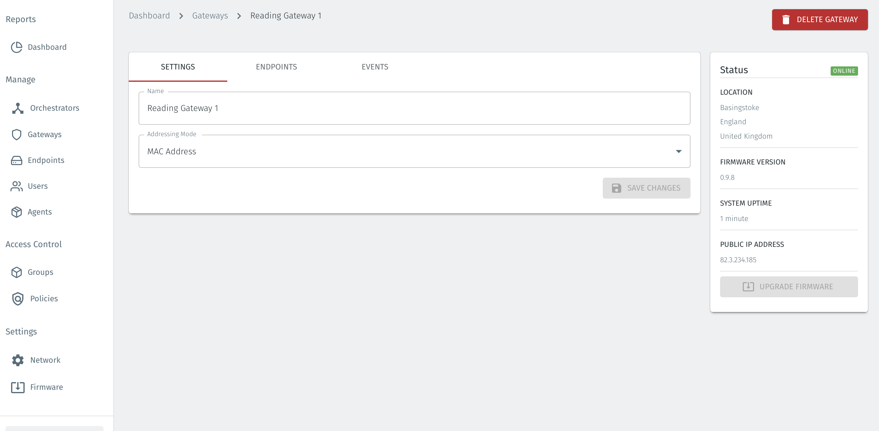 Once the upgrade has completed, the Gateway status will change to online and the new firmware version will be indicated.