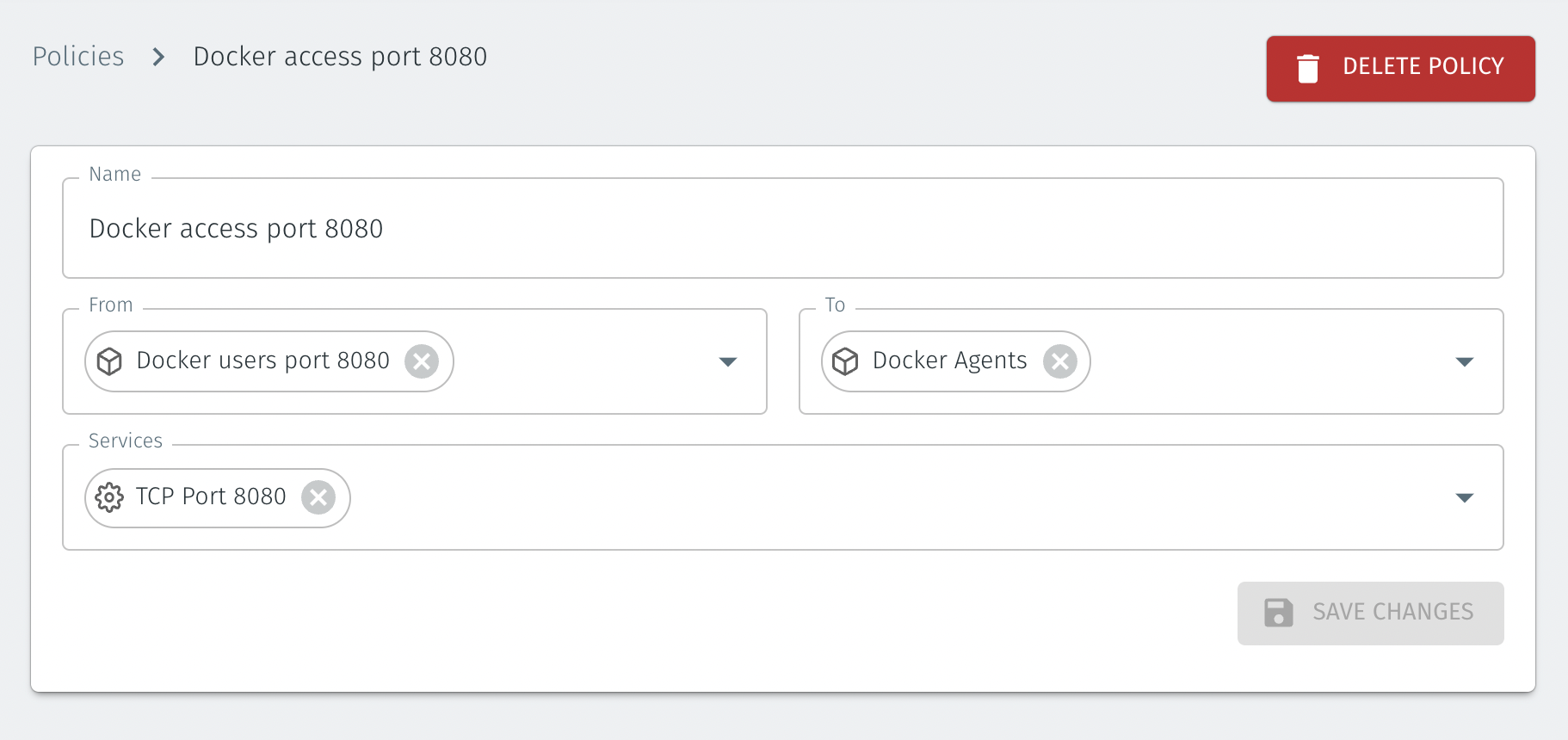 The following policy allows only port 8080, the published port on the Nginx container from the previous example.