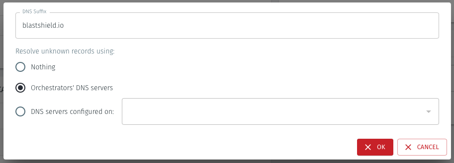 Under the Resolve unknown records using heading, select the desired option. You can choose between none, use the Orchestrator DNS, or use a DNS server running on another node. If you are using a particular node to resolve unknown records, then select it from the dropdown menu.