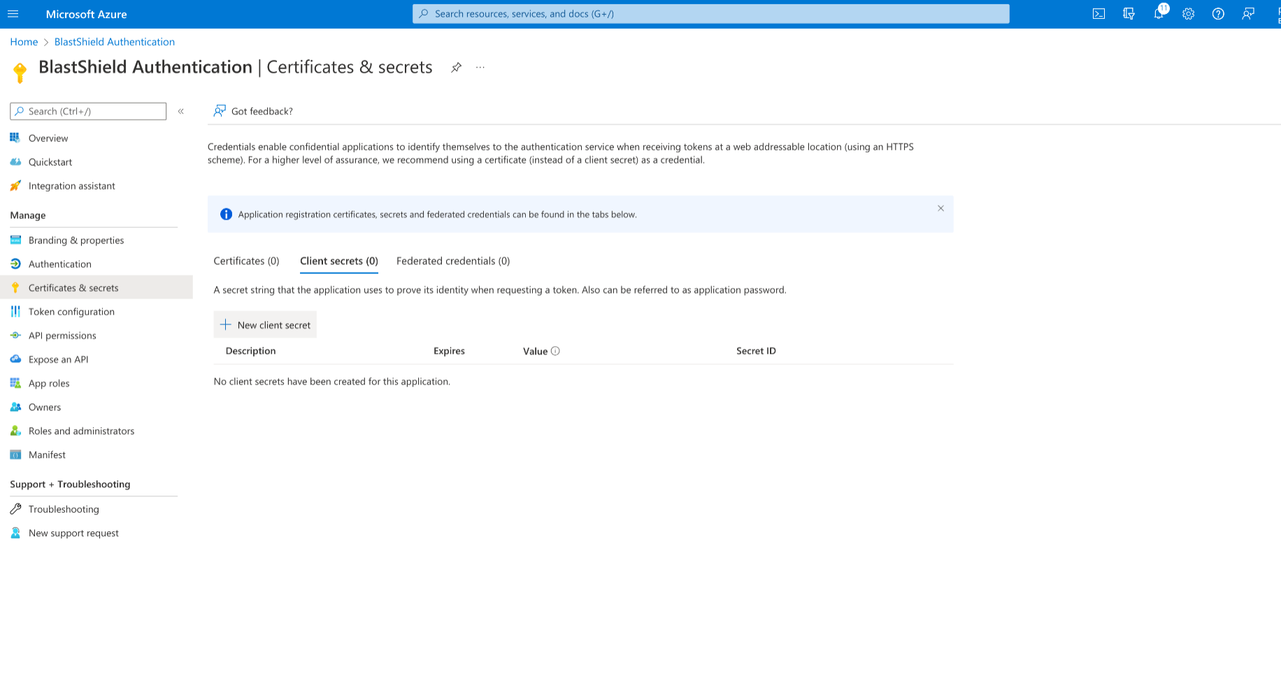 Select New client secret, then click on Add in the newly opened right hand popup.