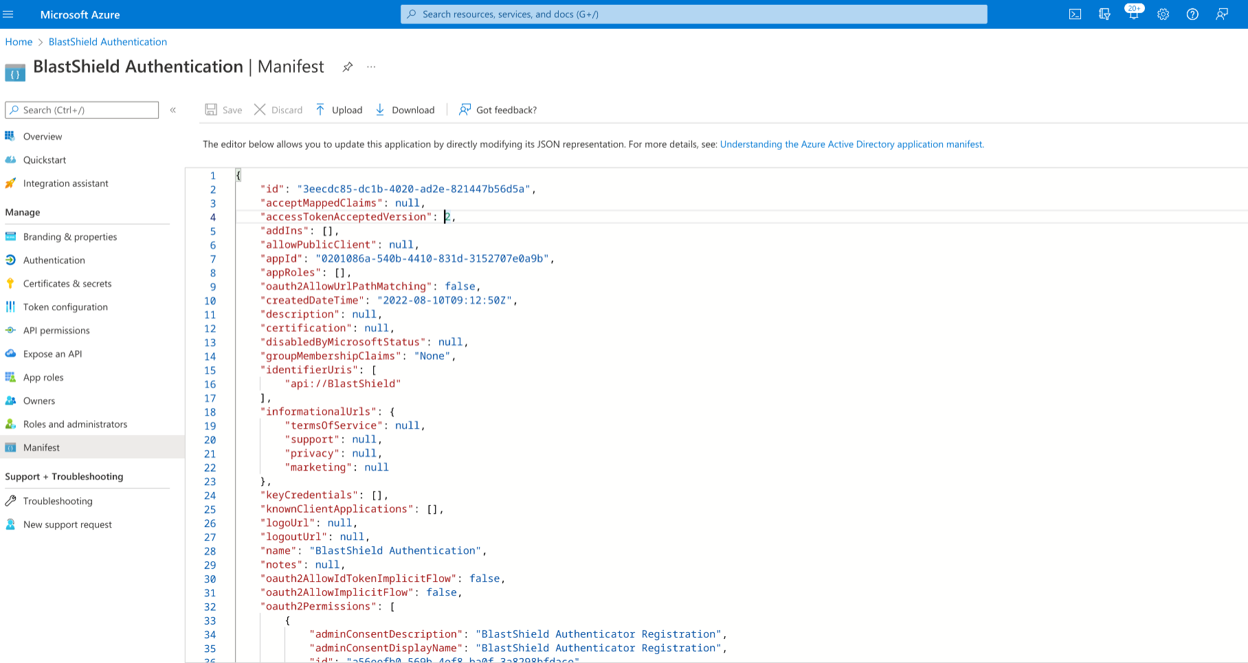 In the left-hand navigation select Manifest and in the JSON, set accessTokenAcceptedVersion to 2 and click on Save.