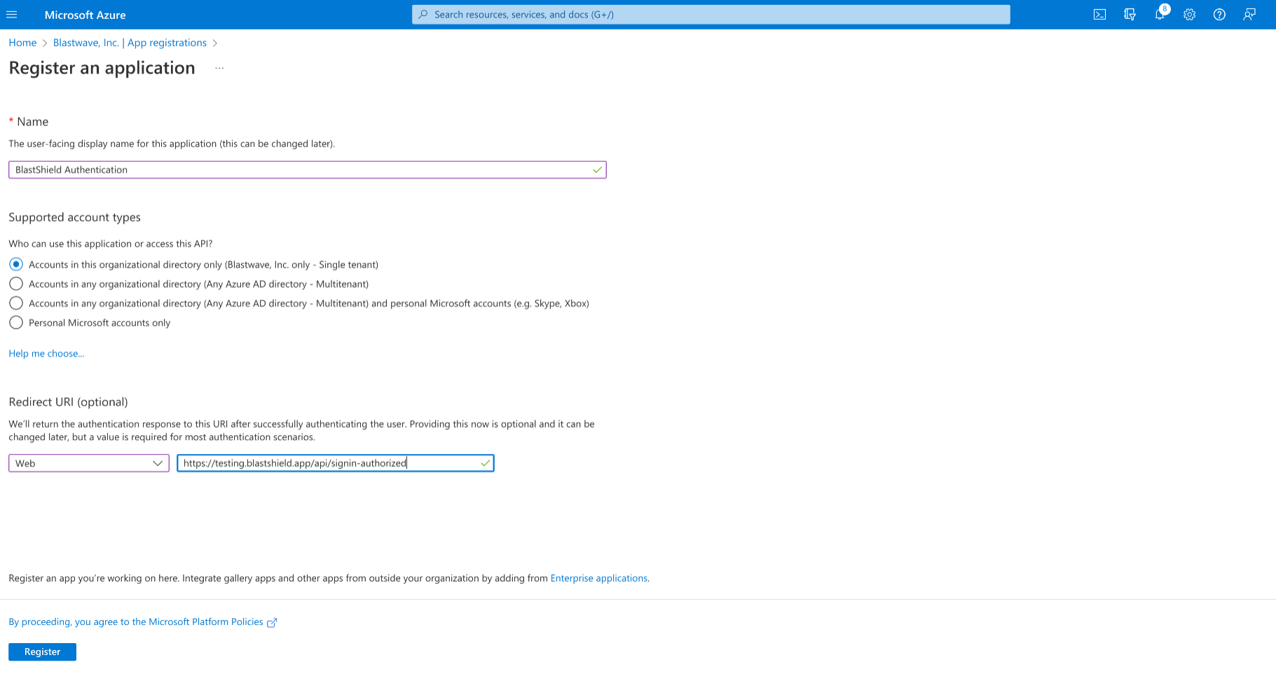 Under the Redirect URI section select Web from the dropdown menu and paste the redirect URI you copied from the BlastShield Orchestrator.