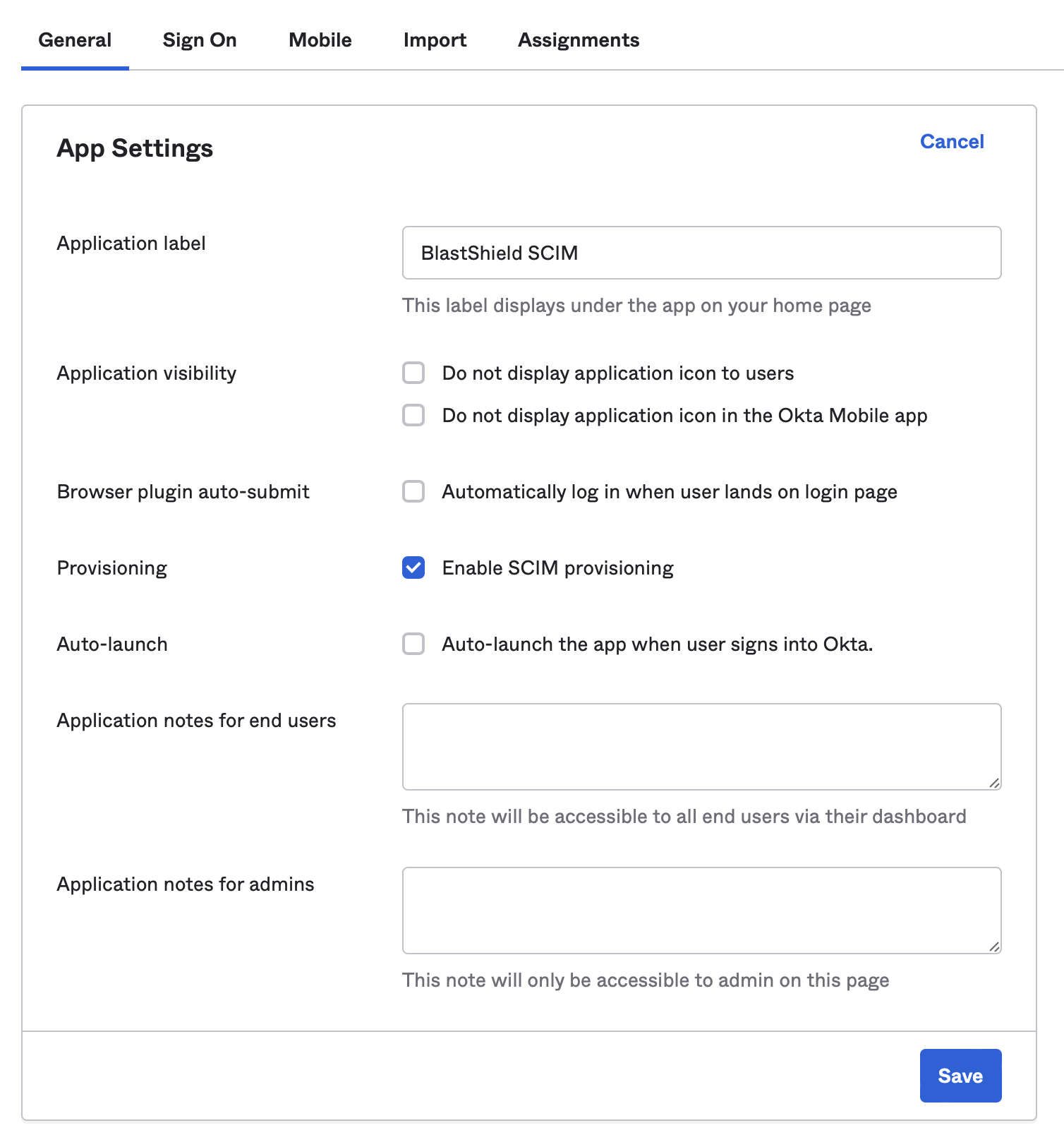 Click on the General tab and select Edit in the App settings box. Select Enable SCIM provisioning and click Save.