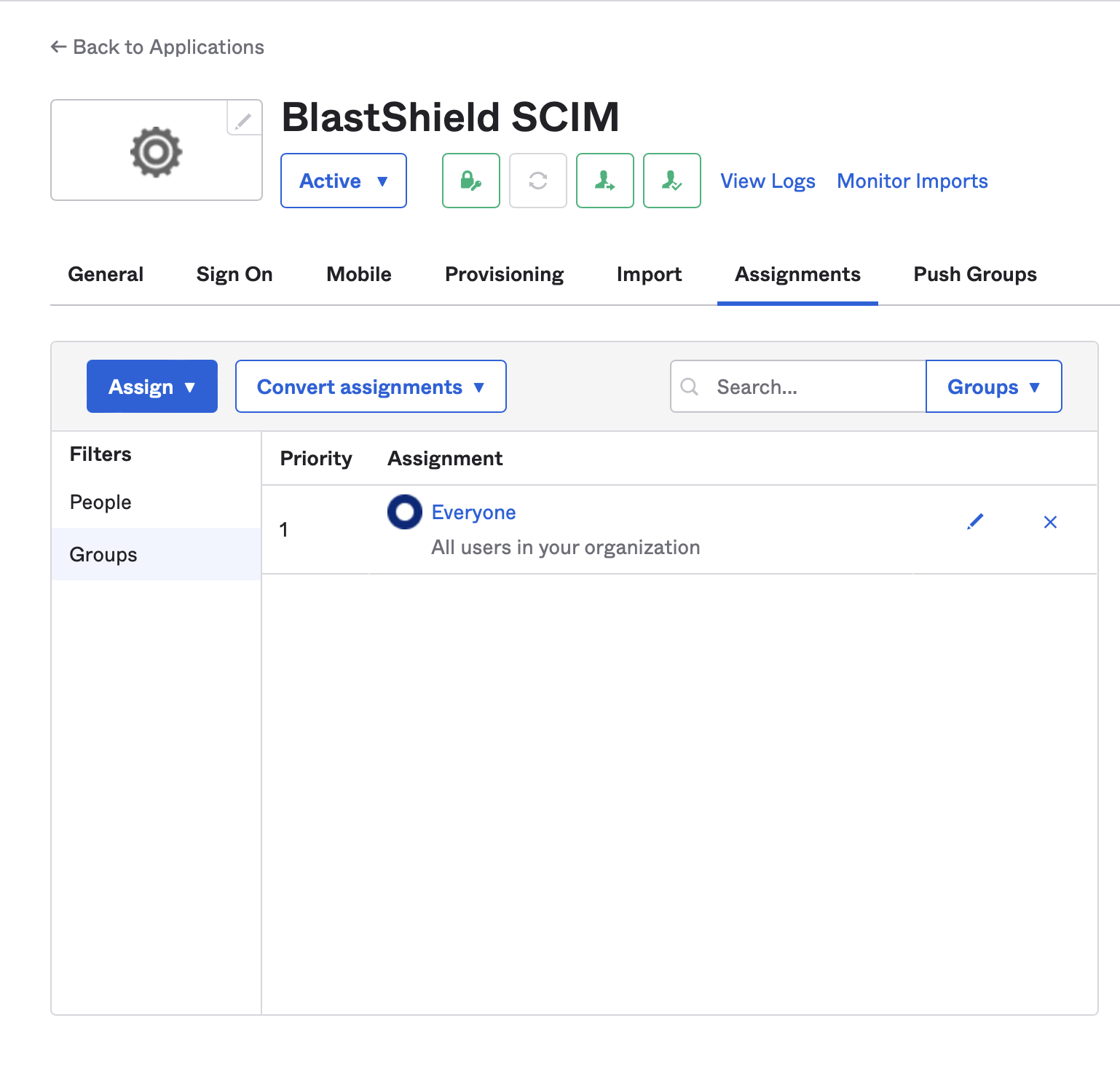 Click on the Assignments tab and assign the users and groups that you want to give access to your BlastShield Network.
