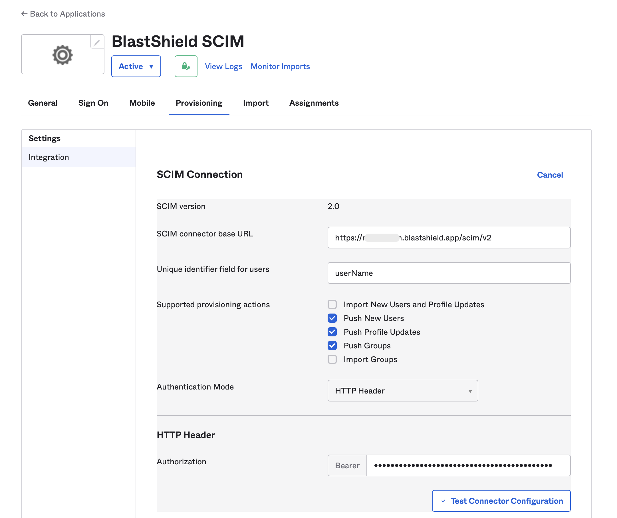 Paste the copied token into Authorization field and click on Test Connector Configuration.