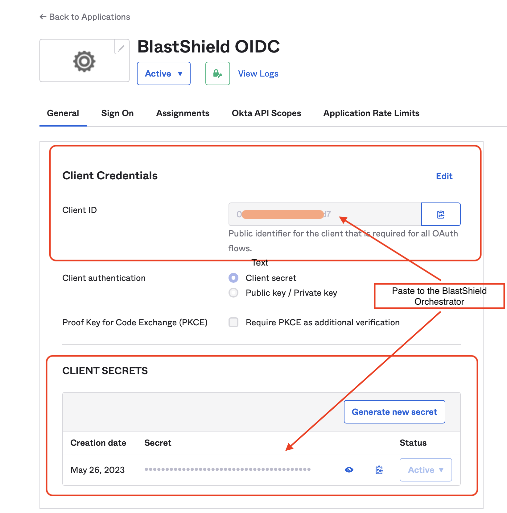 Copy the Client ID and the generated Client Secret from Okta