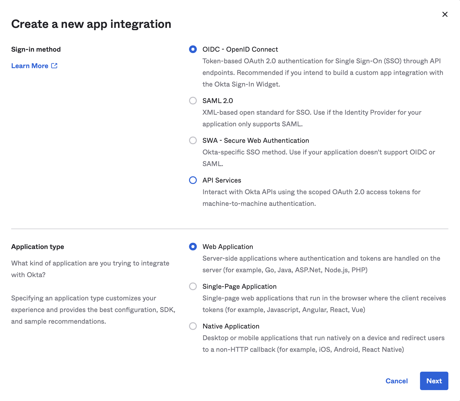 In Okta, click Create App Integration and select OIDC - OpenID Connect followed by Web Application and click Next.