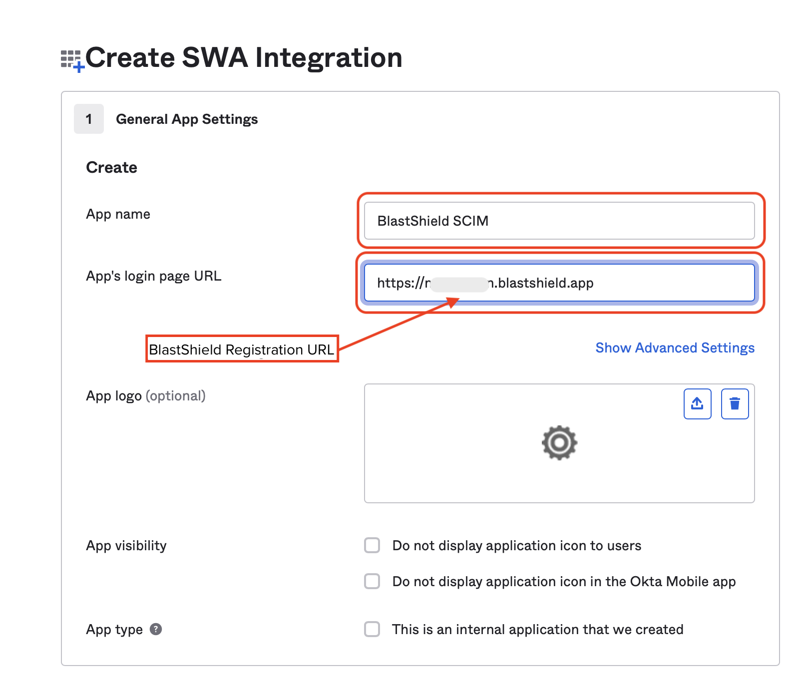 Enter BlastShield SCIM as the App name and copy the Registration URL from the BlastShield Orchestrator and enter it as the login page URL in Okta and click Finish.