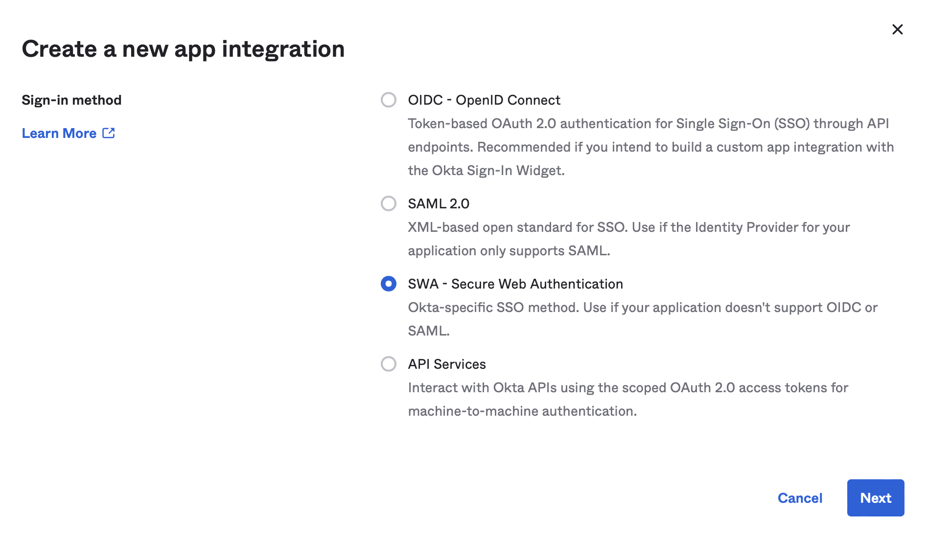 In Okta, click Create App Integration and select SWA - Secure Web Authentication and click Next.