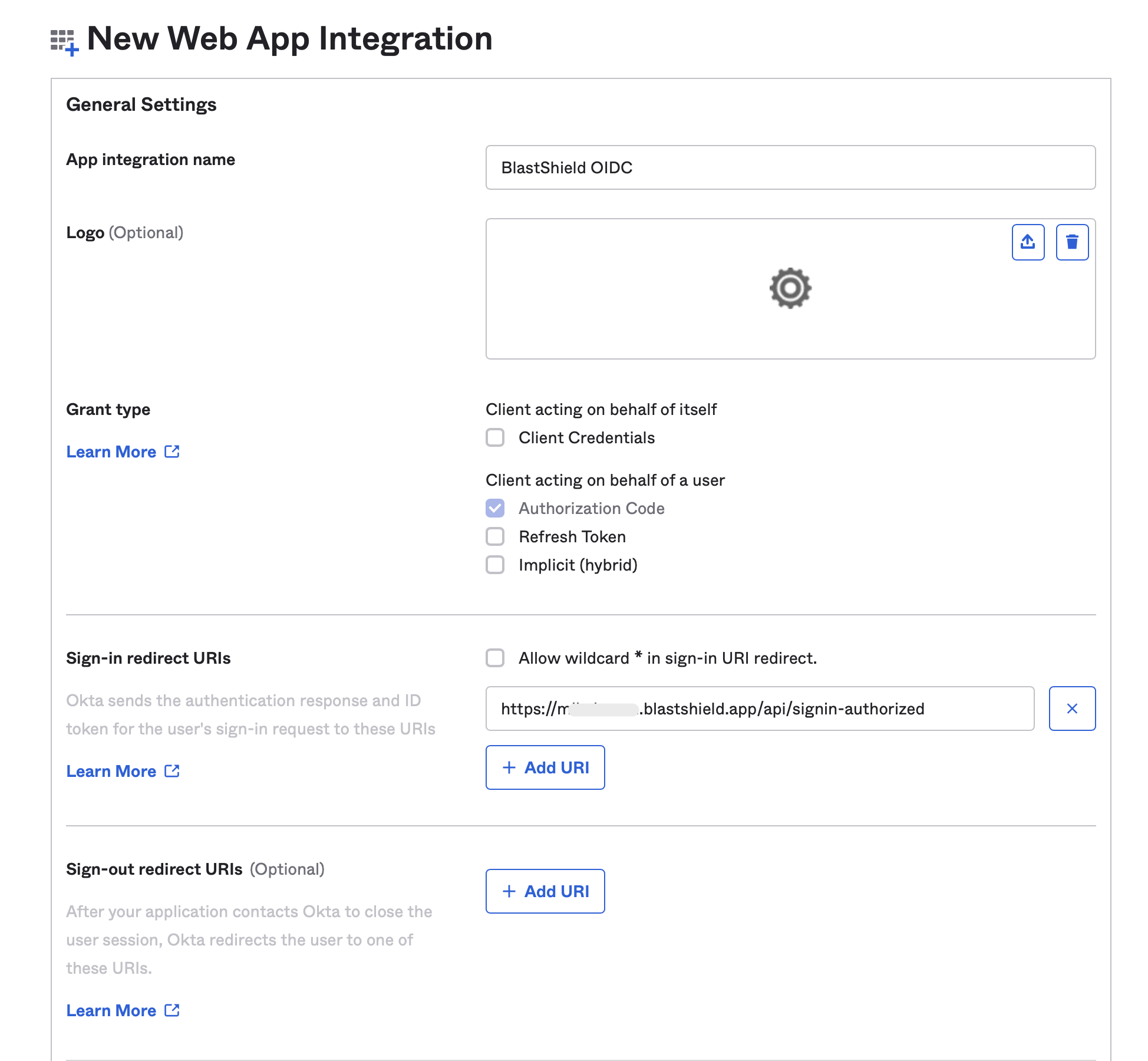 Copy the Redirect URI from the BlastShield Orchestrator and paste it in as the Sign-in redirect URI in Okta. Remove any default Sign-out redirect URIs.