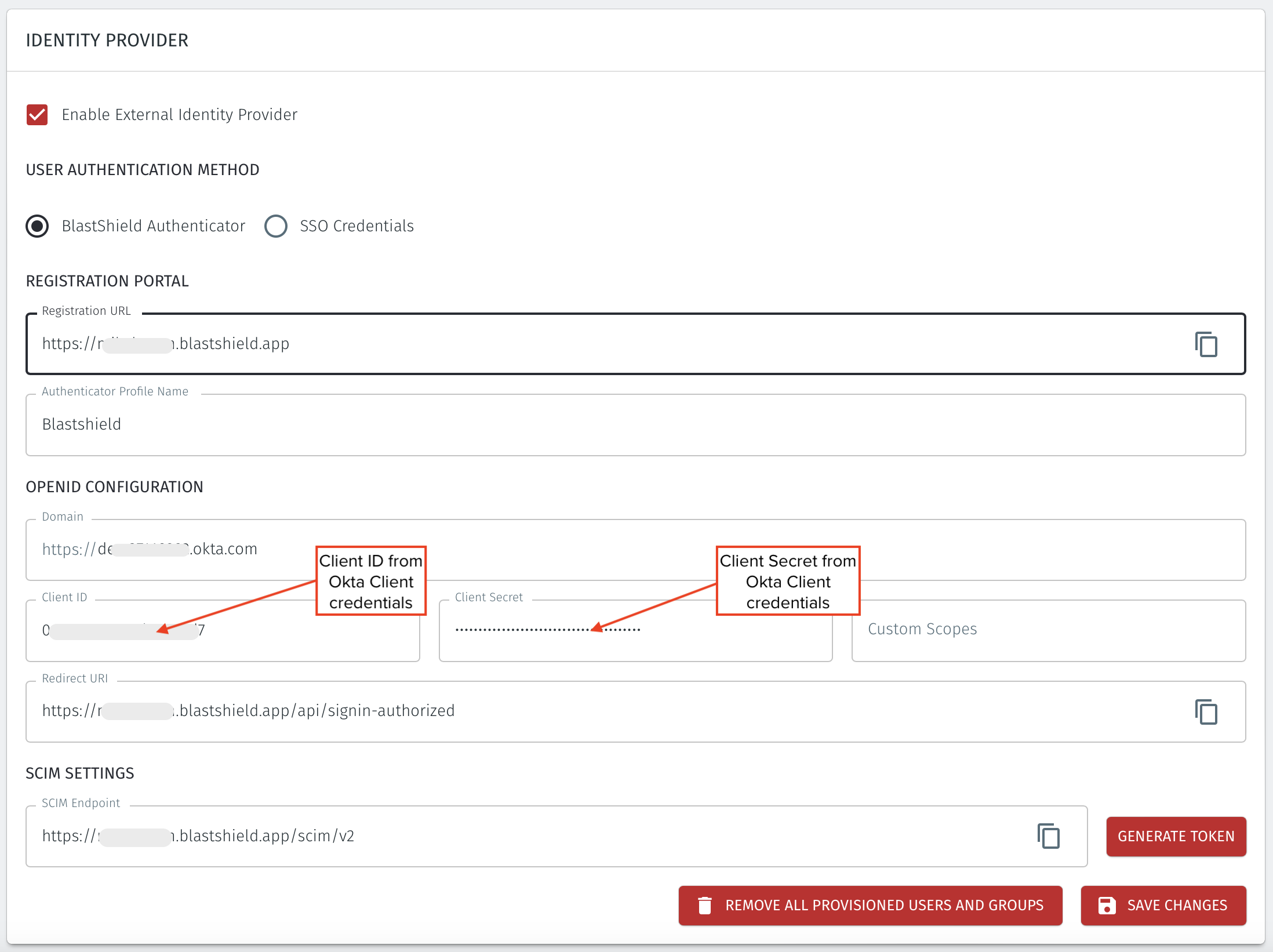 Paste Client ID and the generated Client Secret into the corresponding text fields in BlastShield.