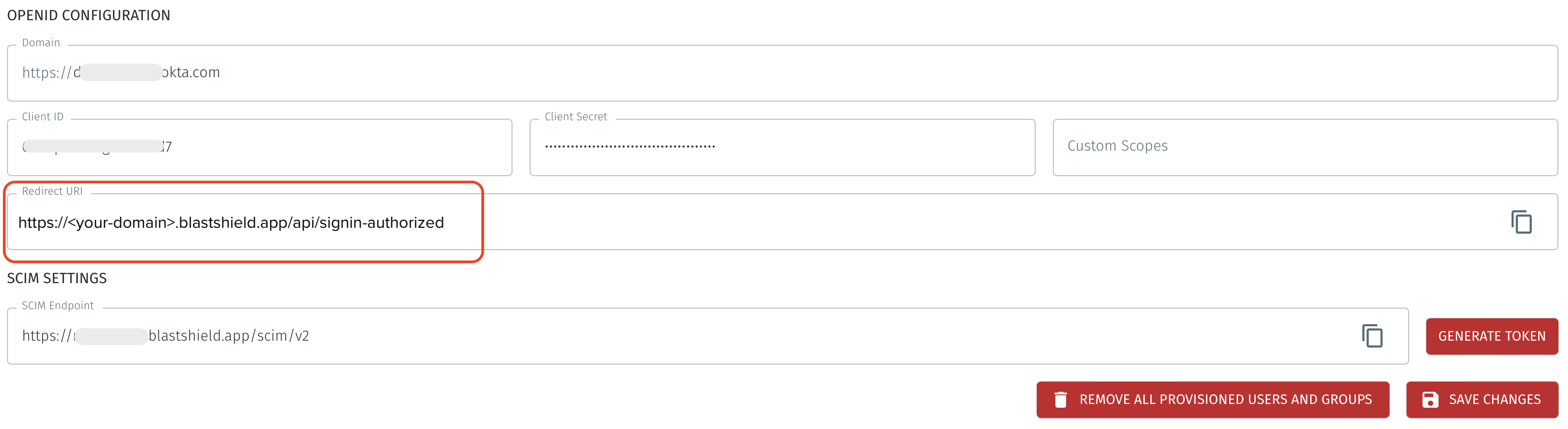 Find the Redirect URI from the OpenID configuration in the BlastShield Orchestrator.