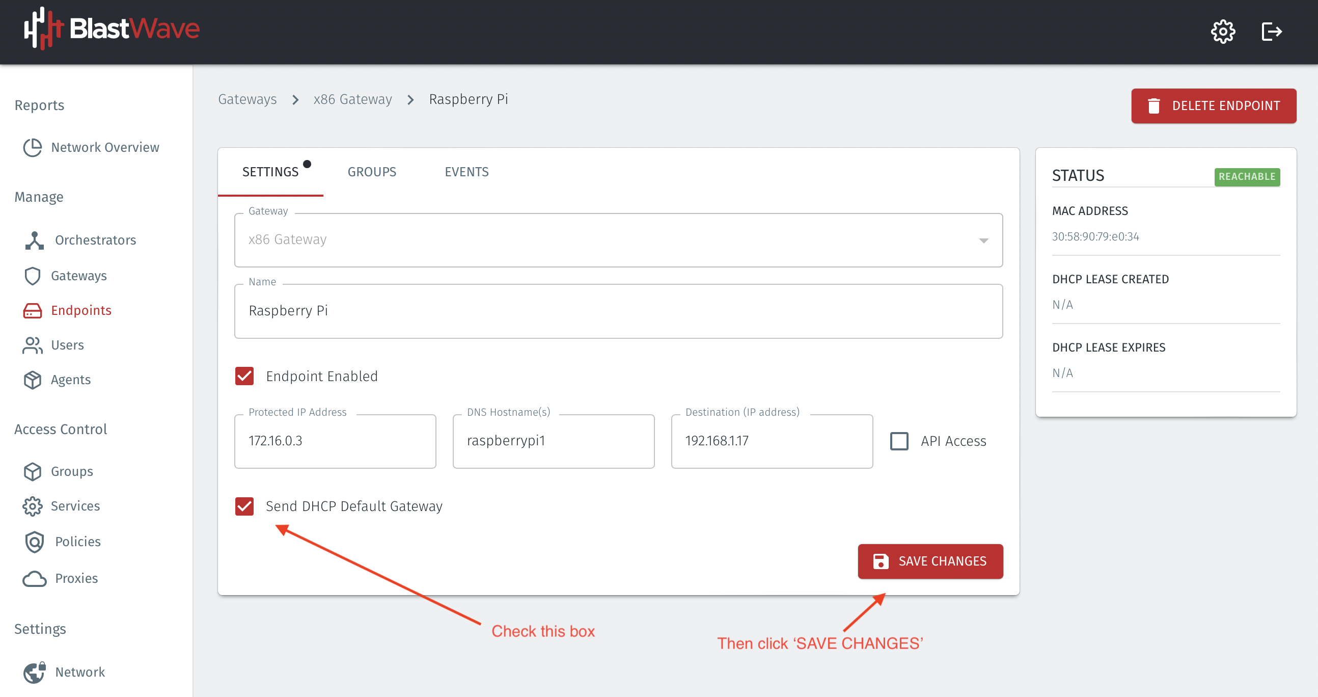 The Endpoint configuration page will open. Verify the Endpoint is enabled (the Endpoint Enabled checkbox should be checked).