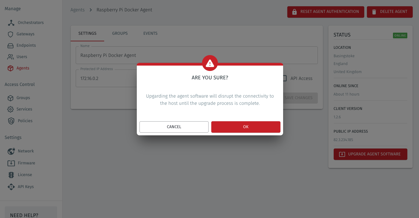 You will be prompted to confirm and then the Agent software will be downloaded and the Agent will restart.