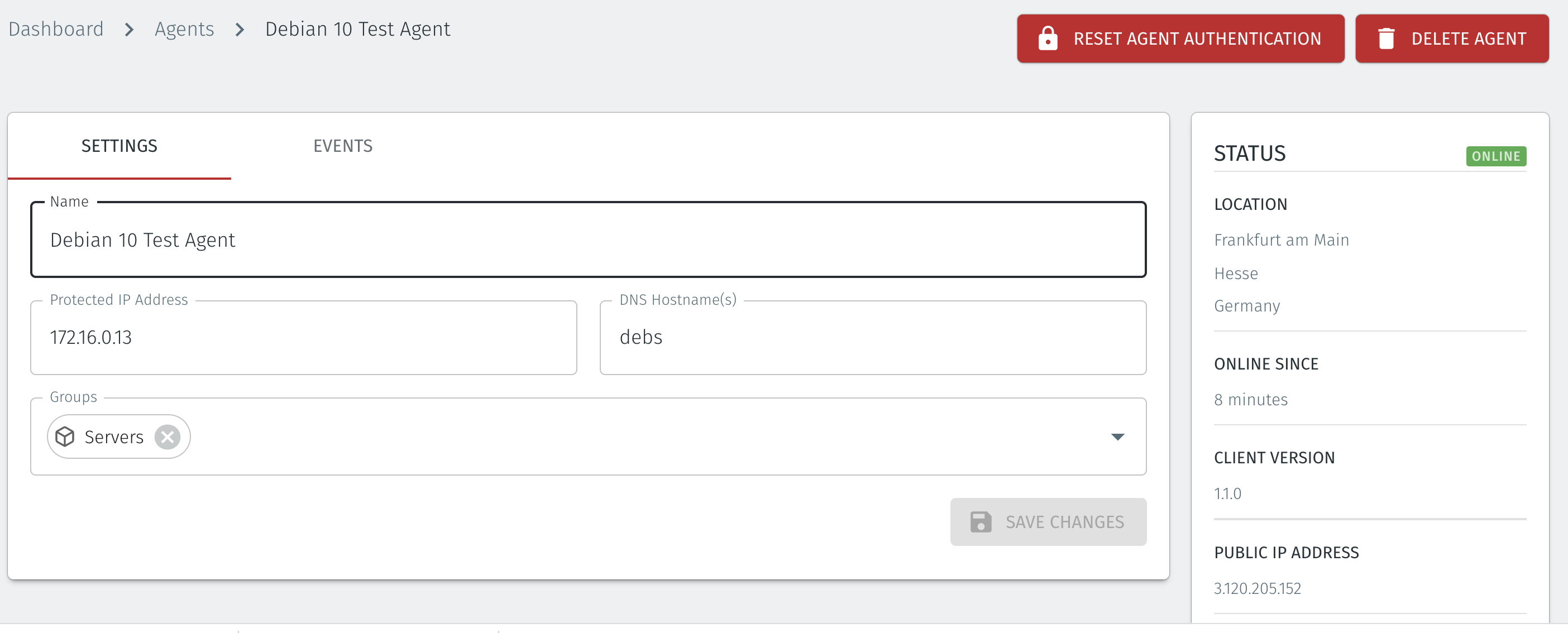 Once the upgrade has completed, the Agent status will change to online and the new firmware version will be indicated.