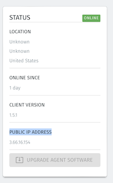 Once the Agent is running you will see the Proxy's exit IP address shown in the PUBLIC IP ADDRESS field in the Agent Status display in the Orchestrator.