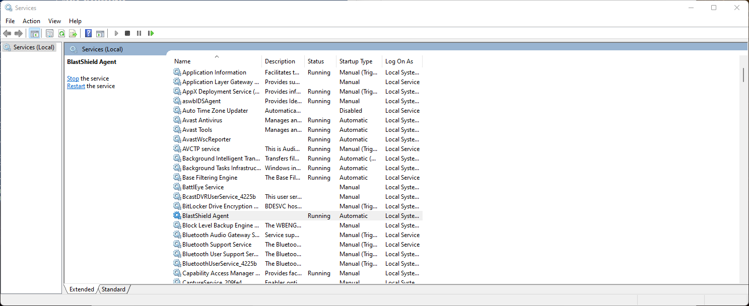 On the host where you have installed the Agent, open the Services app and verify that the BlastShield Agent service is running.