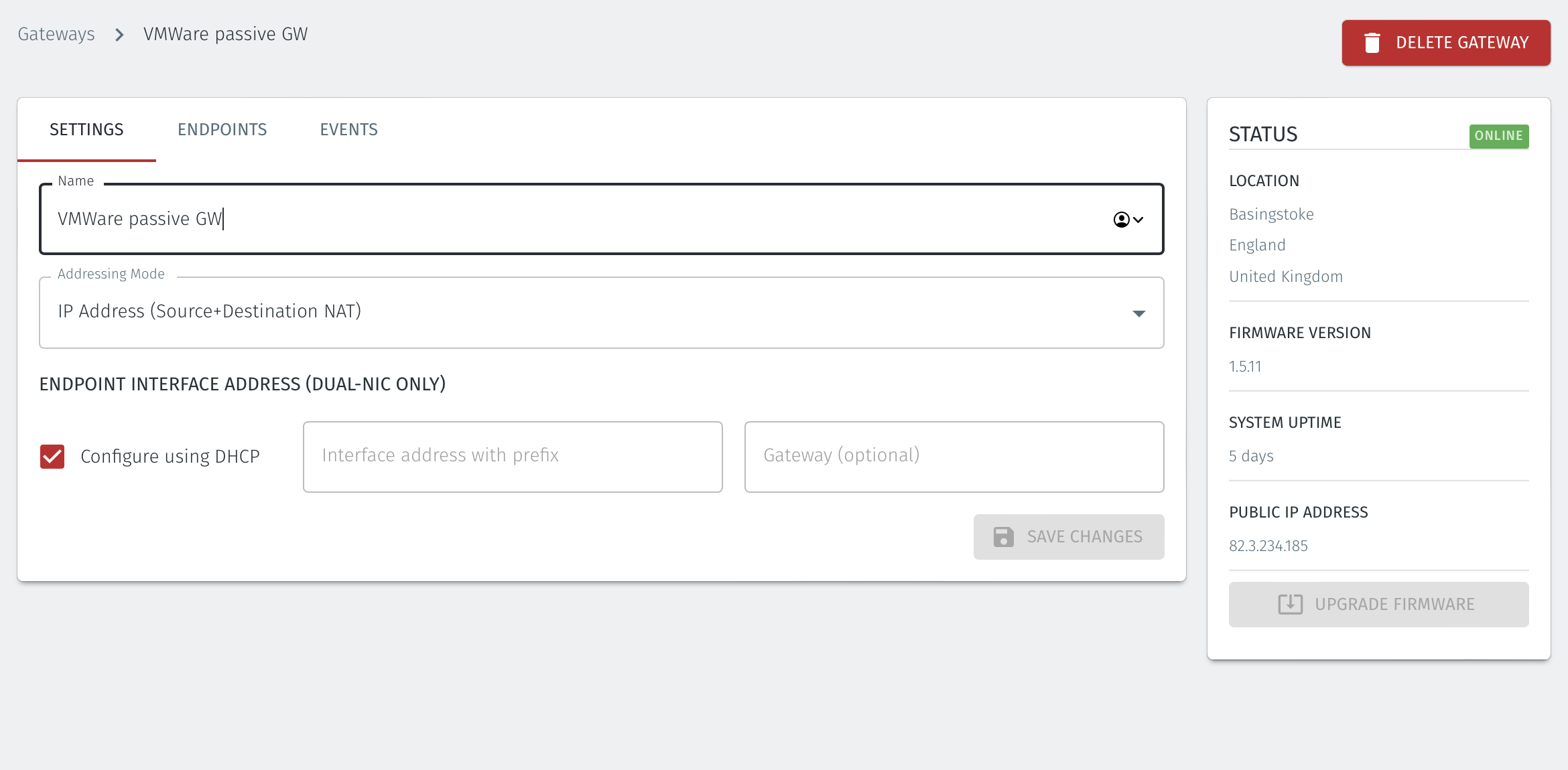 You can verify the Gateway has started by watching the console output in the hypervisor. When the Gateway is up, then the status in the Orchestrator will indicate 'online' as shown in the image below.