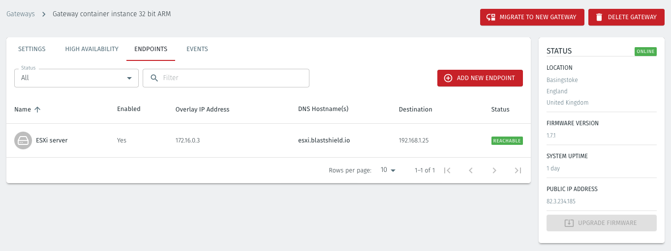 The status of the Endpoint will show as 'Online'.