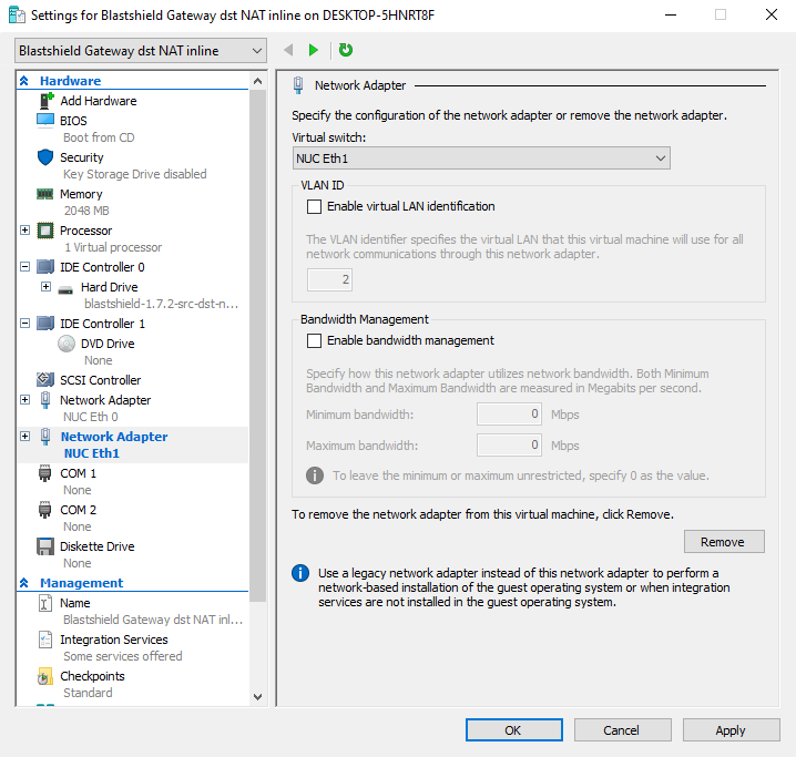 In the Network Adapter pane, choose the Virtual Switch that corresponds to the endpoint interface on the appliance.