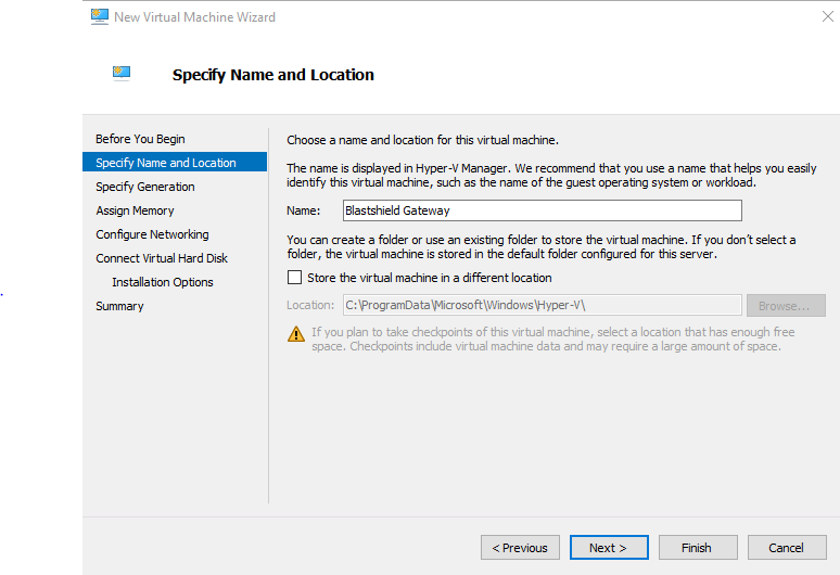 Choose a name for the virtual machine and a location. The default location is fine. Click Next.