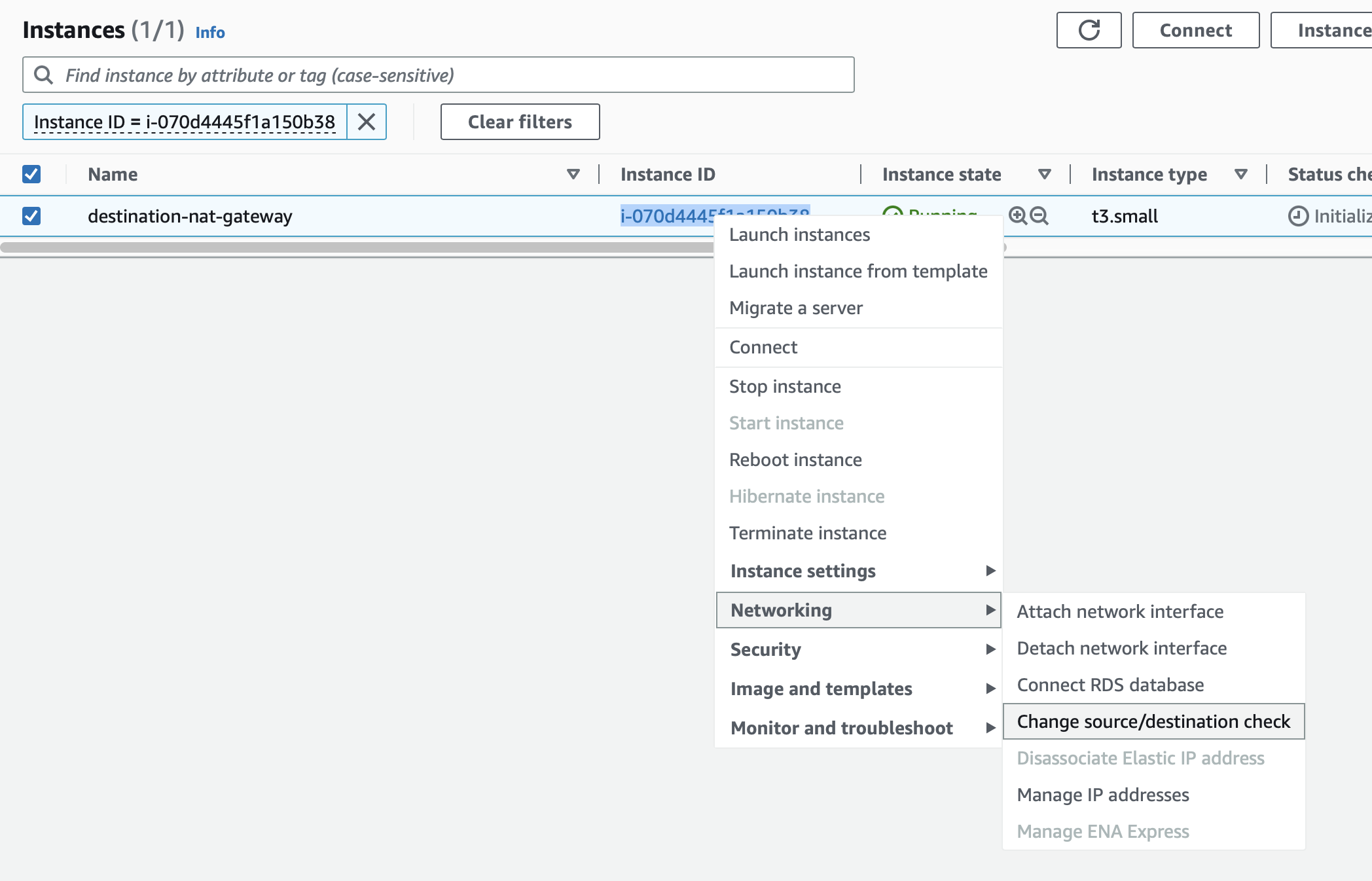 Right Click on the instance and click on Networking, then click on Change source destination check.