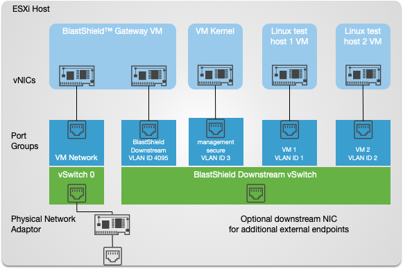 Final Configuration with the VM Kernel interface moved onto the secure BlastShield Downstream vSwitch.