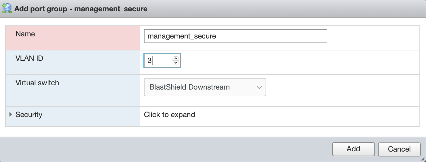 Create the port group in the vSwitch with a suitable VLAN ID and add the matching endpoint in the BlastShield orchestrator.