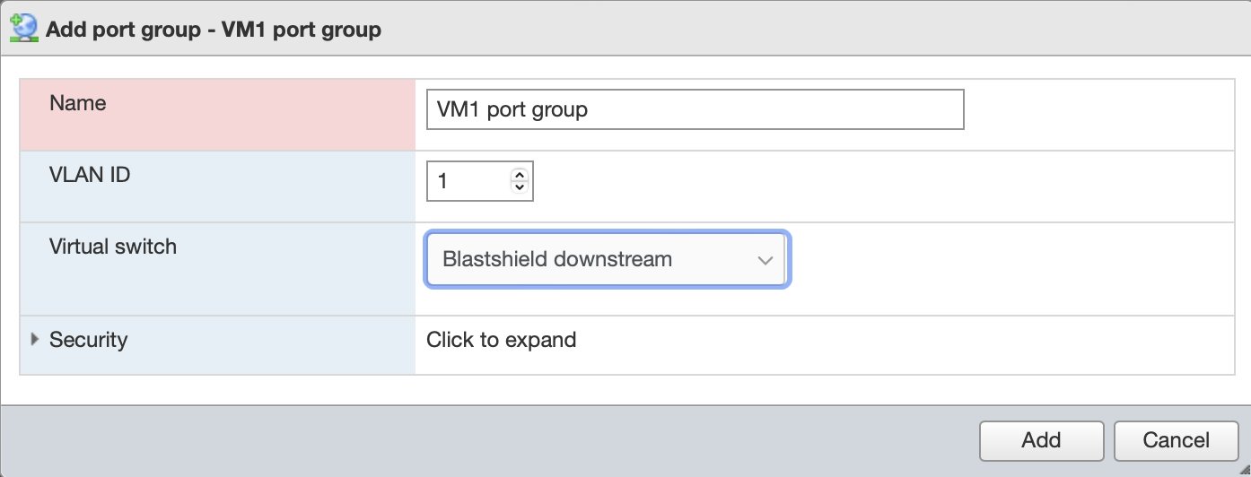 Add port groups for the protected VM endpoints which you will connect to the Gateway using the BlastShield downstream vSwitch.