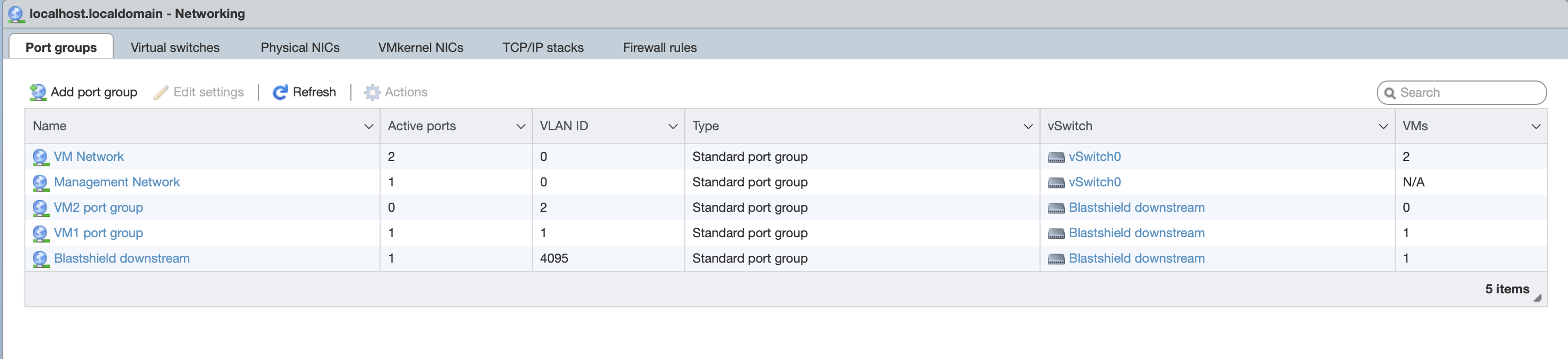 The port groups are shown below. This example has two endpoint port groups (VM1 and VM2).