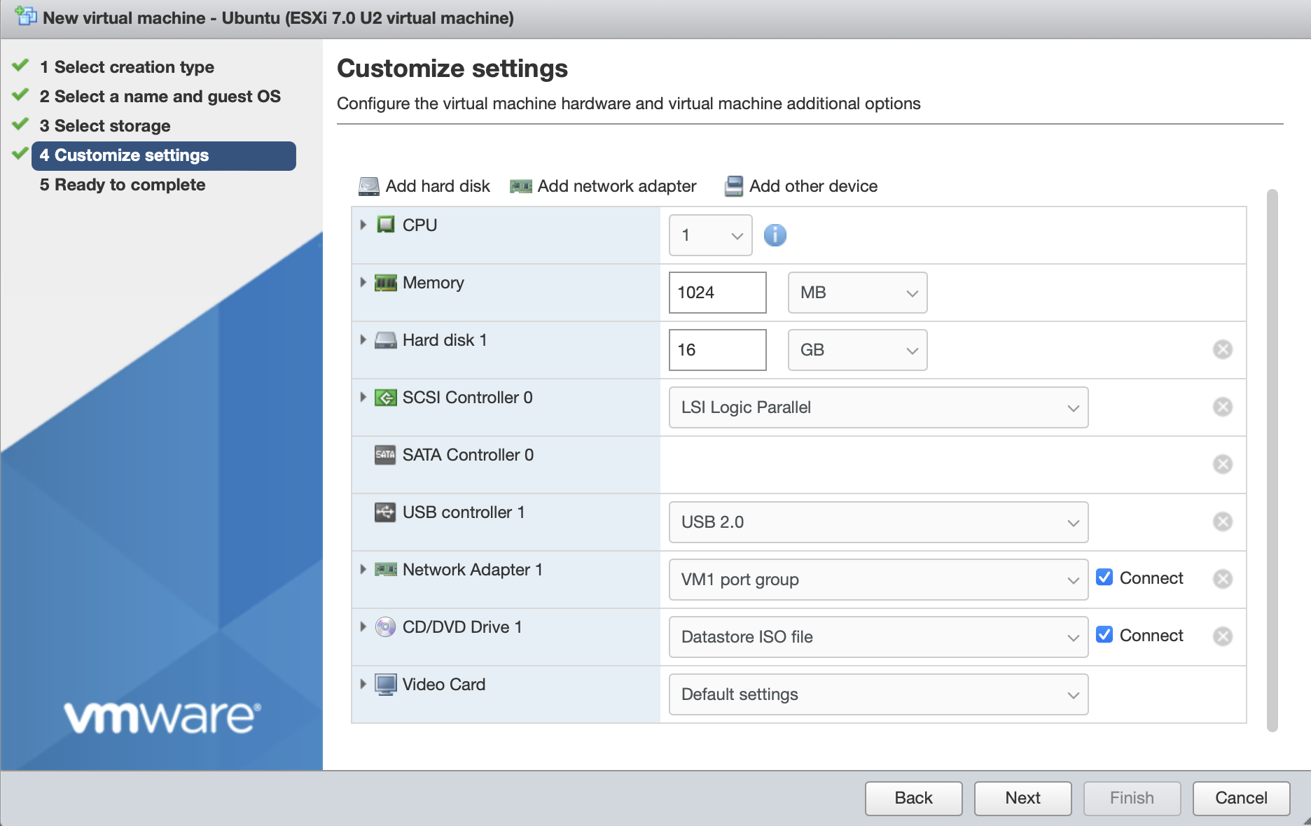 Set the Network Adapter to one of the port groups you created on the Downstream vSwitch when you configured the network settings.