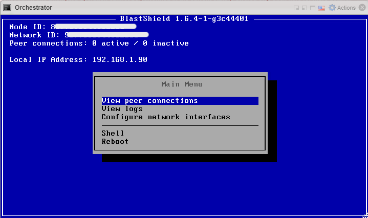 Once the Orchestrator has started, you will see the local maintenance interface displayed on the console. The local IP address of the Orchestrator is displayed.