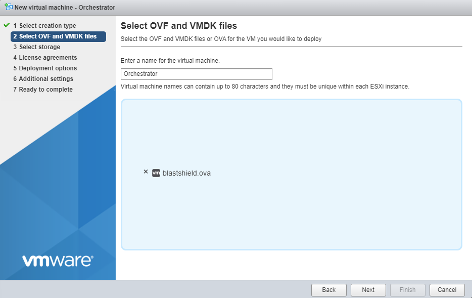 Enter a name and select the BlastShield OVA file.