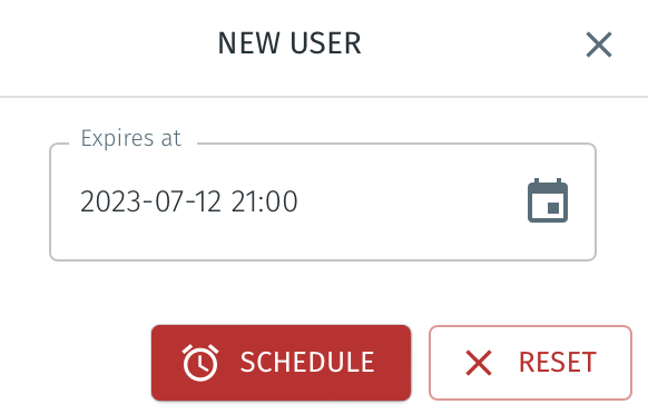 The expiry date and time setting pop-up will open. The time is the local time of the Administrator's browser. Set the expiry date and time, and then click SCHEDULE.