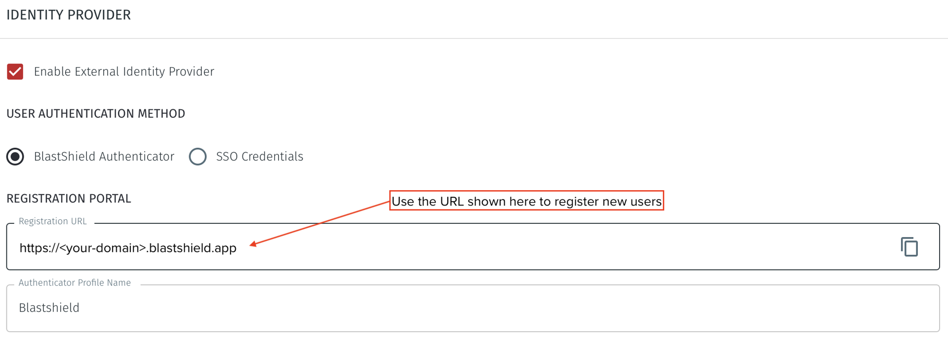 New users provisioned by the Identity Provider are registered via the the BlastShield registration SSO portal.