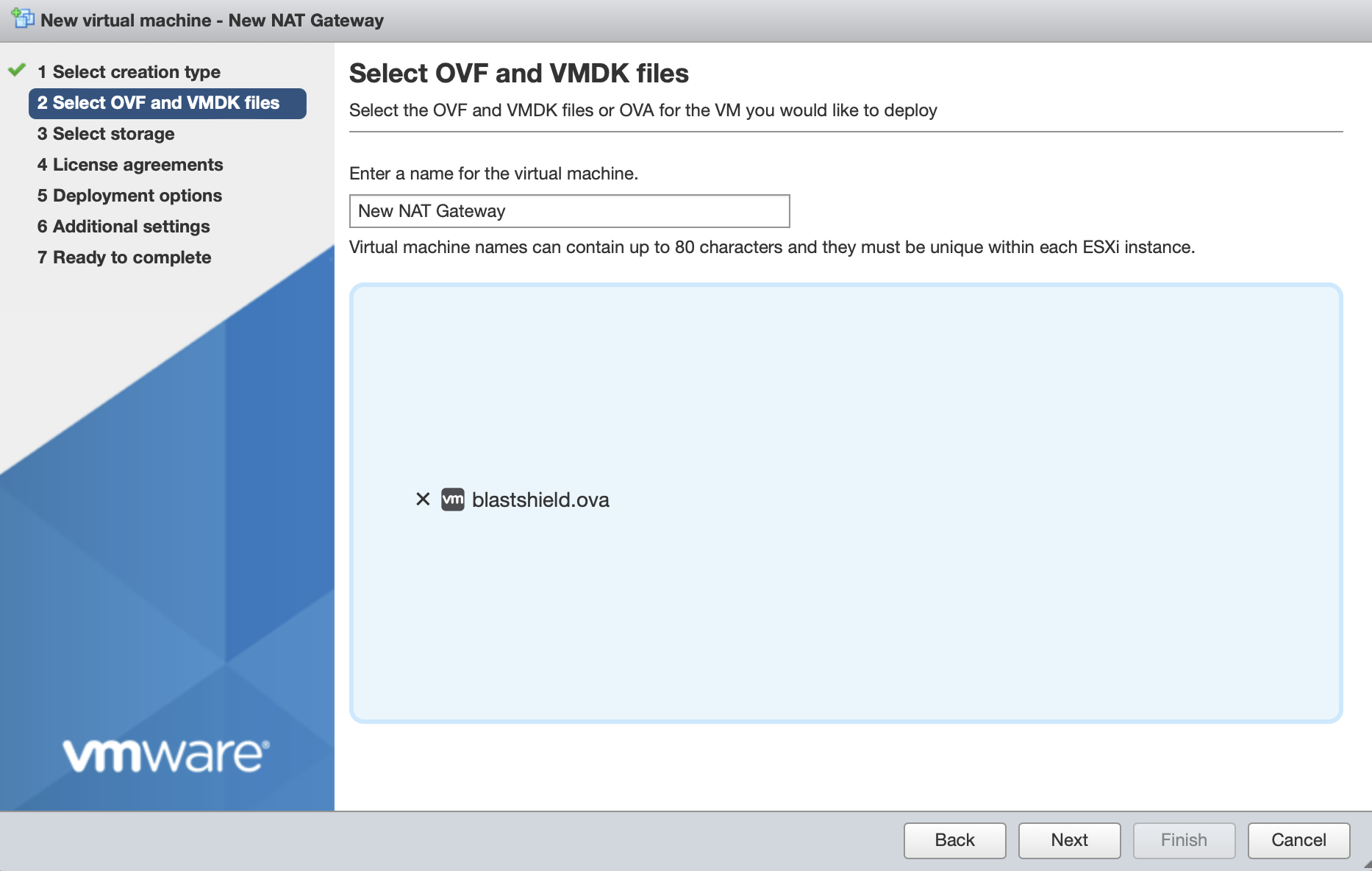 Give the new Gateway a name and select the BlastShield OVA file which you downloaded in the previous step